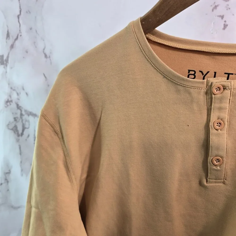 Bylt Shirt Mens Large Orange Drop Cut Henley Luxe Long Sleeve Tee T Button